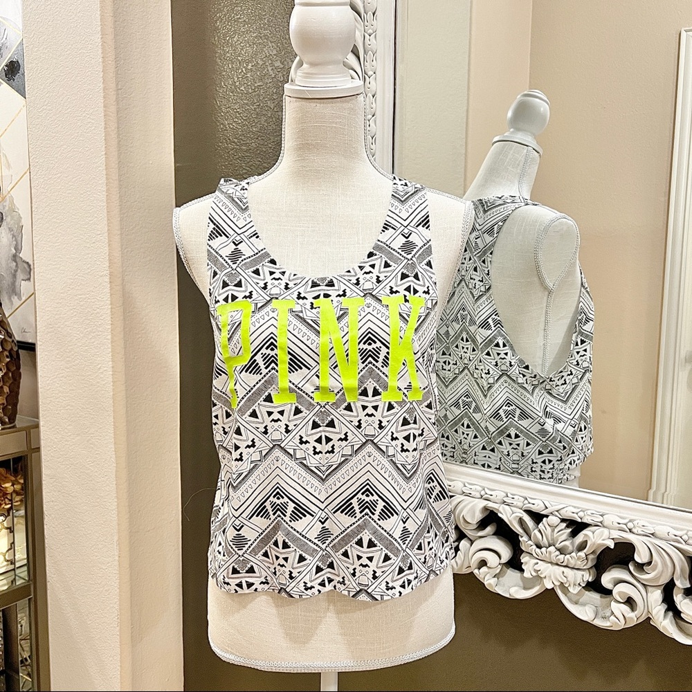 PINK Victoria’s Secret MUSCLE TEE TANK Top Aztec Print NEON YELLOW XS